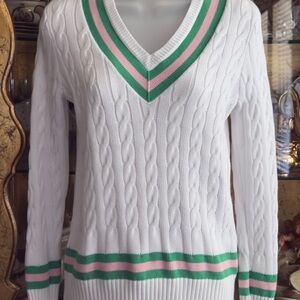 Lilly Pulitzer White Cable-Knit V-Neck Sweater with Green and Pink Trim